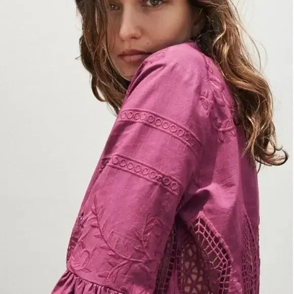 CHLOE OLIVER Anthropologie Lace Embroidered Bell Sleeve Blouse Size Small - Picture 4 of 9